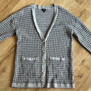 Talbots Gray Cardigan with V-neck and Houndstooth Pattern